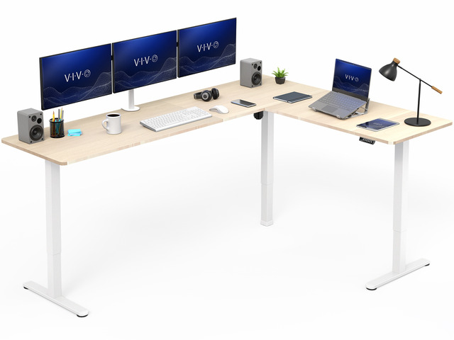 VIVO Light Wood / White Electric 84' x 63' Corner Desk, L-Shaped Workstation