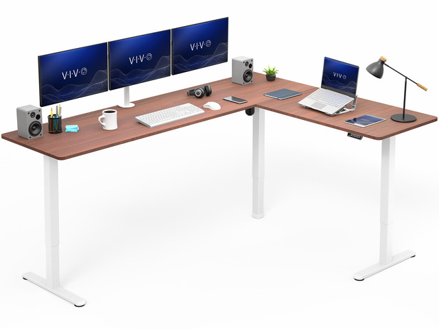 VIVO Dark Walnut / White Electric 84' x 63' Corner Desk, L-Shaped Workstation