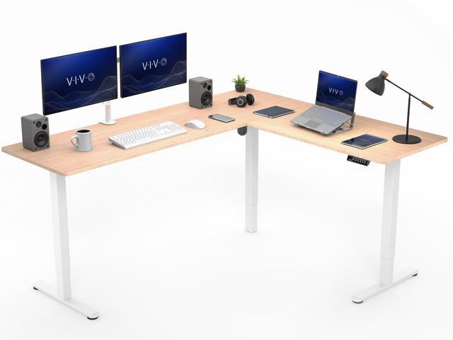 VIVO Bamboo / White Electric 75' x 63' Corner Desk Workstation