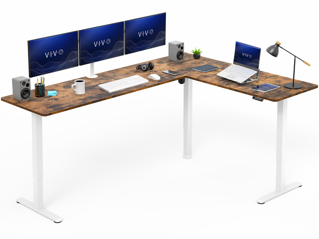 VIVO Vintage Brown / White Electric 84' x 63' Corner Desk, L-Shaped Workstation