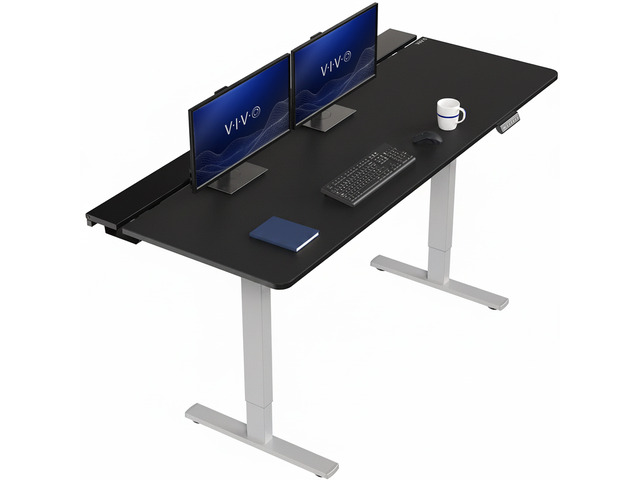 VIVO Electric 71' x 30' Desk, Full Pad, Black Hidden Cable Tabletop, Gray Frame