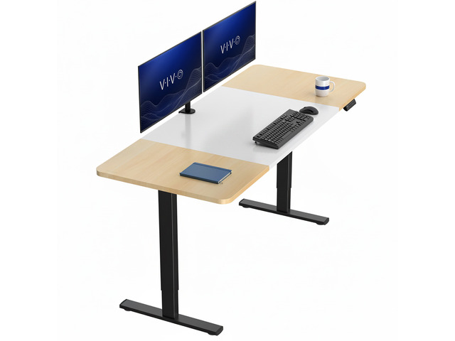 VIVO Electric 71 x 30 Stand Up Desk, White & Light Wood Table Top, Black Frame