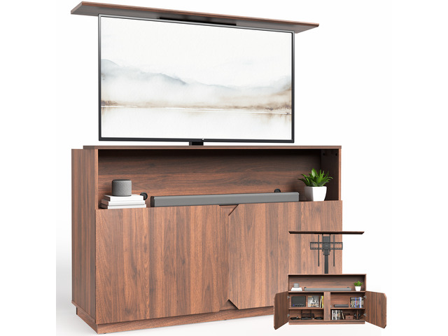 VIVO Walnut Motorized Lift Concealed TV Cabinet with Storage, Holds 32-55 TVs