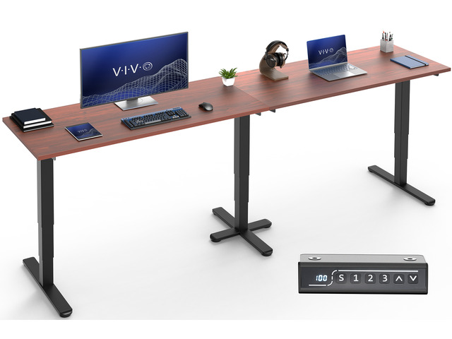 VIVO Electric 109' x 24' Extra Long Standing Desk, Dark Walnut Tops, Black Frame