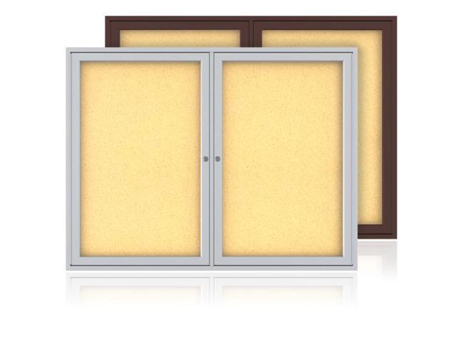 Ghent PA23660K 2 Door Enclosed Natural Cork Bulletin Board with Satin Frame - 60' x 36' - Tan Surface, Satin Aluminum Frame