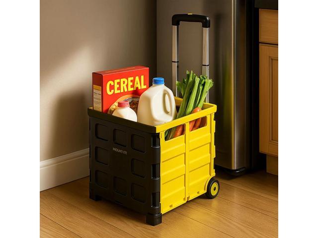 Mount-It! Rolling Utility Cart Folding Collapsible Hand Crate with Lid 55 lbs Capacity