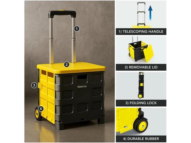 Mount-It! Rolling Utility Cart Folding Collapsible Hand Crate with Lid 55 lbs Capacity