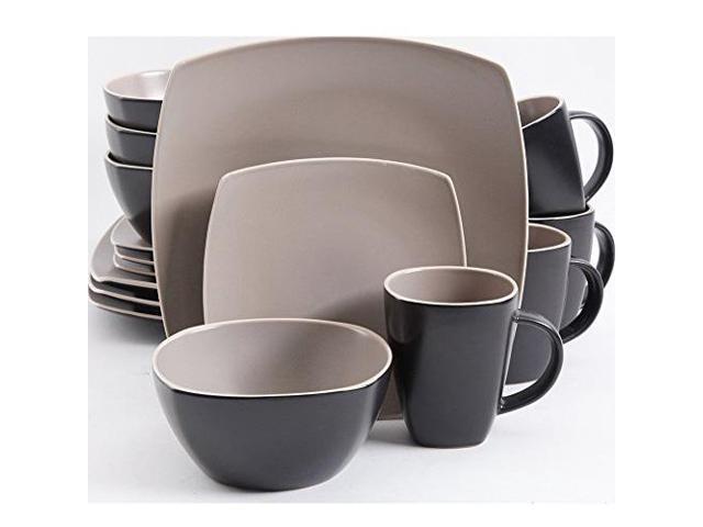 Gibson Home Soho Lounge Matte 16 Piece Dinnerware Set, Taupe/Black