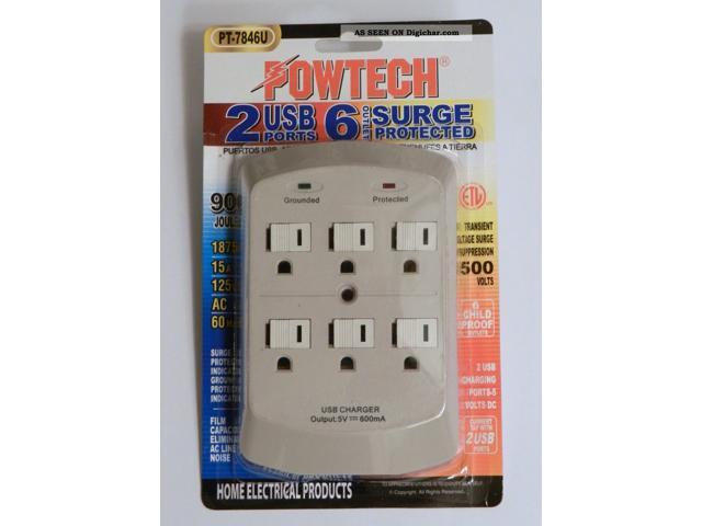 Powtech, PT-7846U, White, 6 Outlet, 900 Joules Surge Protector Tap, With 2 Port USB Charger