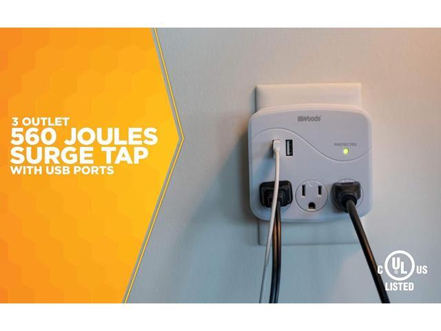 Woods 41029 3 Outlet Surge Tap With 2 USB Ports, 560 Joules of Protection, White