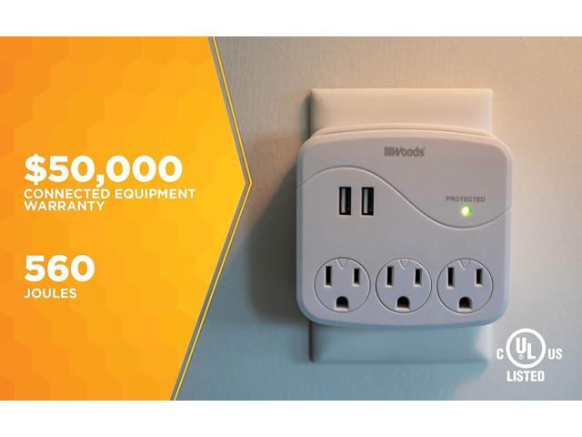 Woods 41029 3 Outlet Surge Tap With 2 USB Ports, 560 Joules of Protection, White
