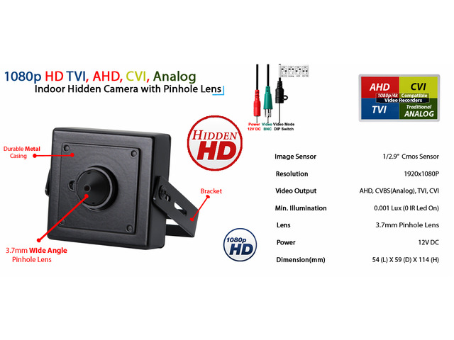 Evertech 1080p HD 4in1 AHD TVI CVI, ANALOG Indoor Hidden Camera with Pinhole Lens