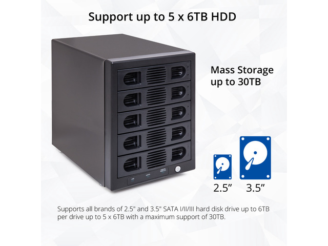 Syba SY-ENC50118 5 Bay 2.5' and 3.5' SATA HDD External USB 3.0 / eSATA RAID Hard Drive Enclosure