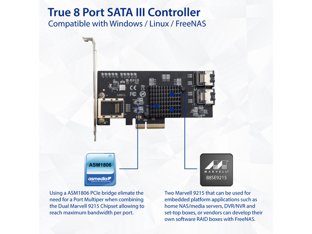 SYBA SIPEX40137 8 Port SATA III PCI-e x4 Controller Card - Dual SFF-8087 Interface Marvell 9215 Chipset