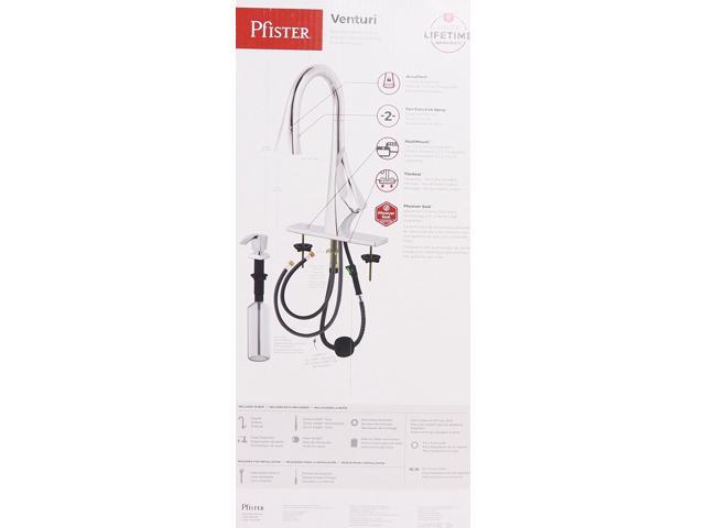 Pfister Venturi Kitchen Faucet with Pull Down Sprayer and Soap Dispenser, Single Handle, High Arc, Stainless Polished Chrome Finish, F5297VNC
