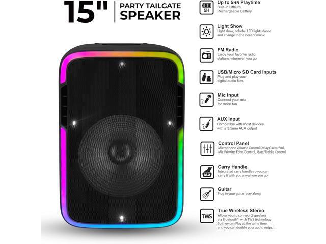 Supersonic IQ Sound 15-inch Portable Bluetooth Speaker w/True Wireless Stereo LED Light Show FM Radio Tripod Microphone IQ-4715DJBT