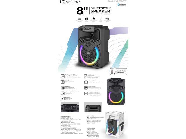 Supersonic IQ Sound IQ-2308BT Cyber Flex8 8' Portable Bluetooth Speaker w/ TWS, LED Lights, FM Radio, USB/SD/AUX/Mic