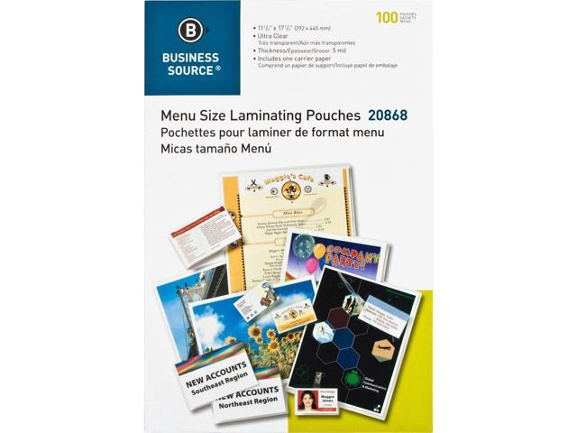 Business Source Laminating Pouch Menu 11-1/2'x17-1/2' 5Mil 100/BX Clear 20868
