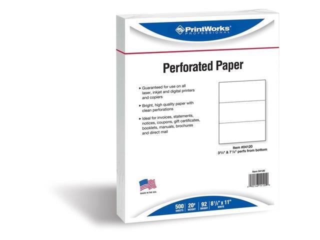 8-1/2'' x 11' Laser Cut Sheet, 20# White Stock, 2 Horizontal Perforations 3-2/3' and 7-1/3' from Bottom (Carton of 2500)