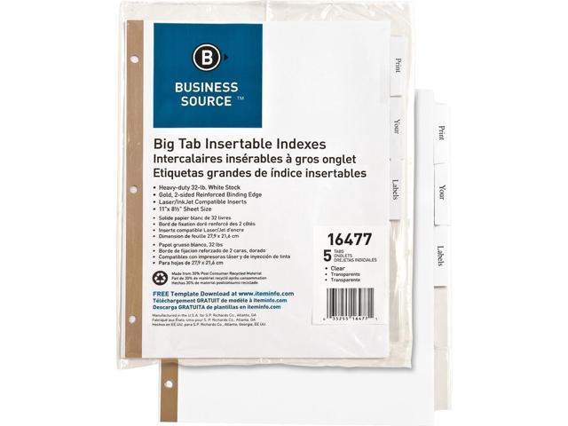 Business Source Index Dividers 5-Tab 11'x8-1/2' White Stock/Clear Tabs 16477