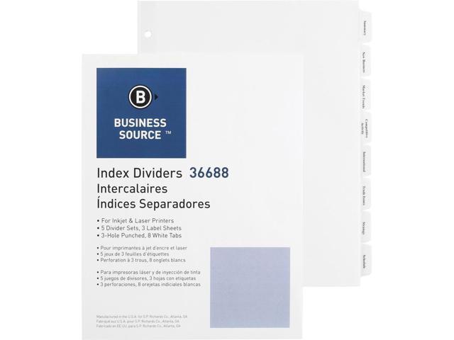 Business Source Index Dividers 3HP 8-Tab 5 ST/PK 11'x8-1/2' White 36688