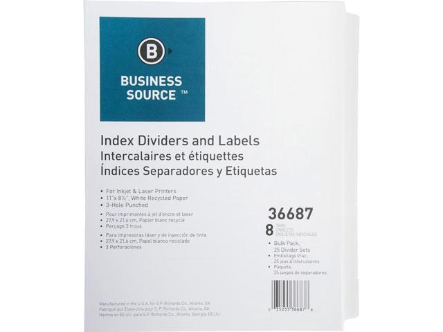 Business Source Index Dividers 3HP 8-Tab 25 ST/PK 11'x8-1/2' White 36687