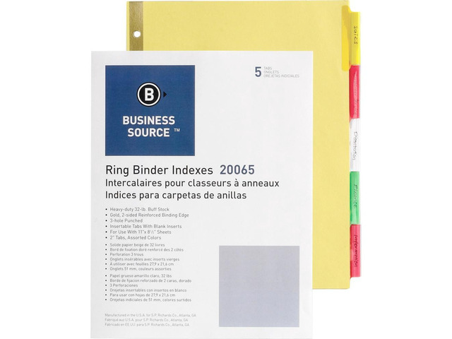 Business Source Insertable Tab Indexes 5 Tab 11'x8-1/2' Buff Paper/Multi 20065