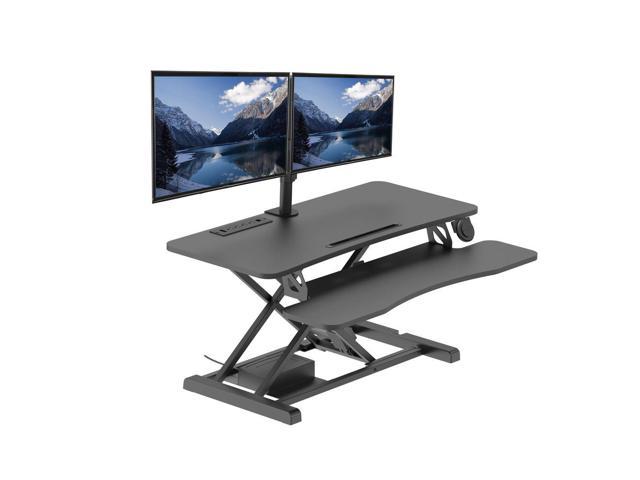 Rocelco 37.4' Electric Standing Desk Converter with Dual Monitor Mount Arm - AC USB Charger - Motorized Height Adjustable Sit Stand Up Computer.