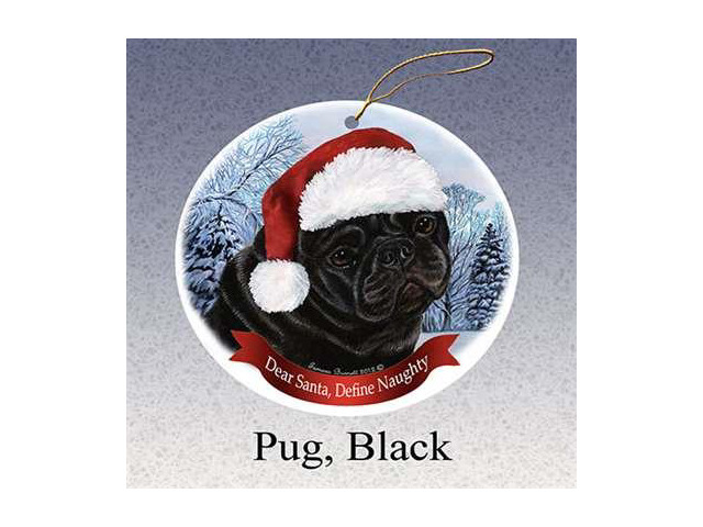 Holiday Pet Gifts Pug (Black) Santa Hat Dog Porcelain Christmas Tree Ornament