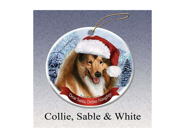 Holiday Pet Gifts Collie Sable & White Santa Hat Dog Porcelain Christmas Tree Ornament