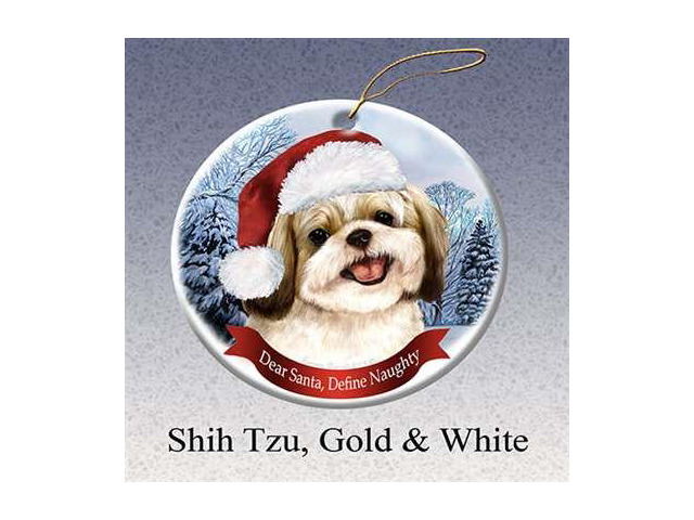 Holiday Pet Gifts Shih Tzu (Gold & Wht) Santa Hat Dog Porcelain Christmas Tree Ornament