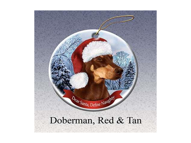 Holiday Pet Gifts Doberman Red/Tan Santa Hat Dog Porcelain Christmas Tree Ornament