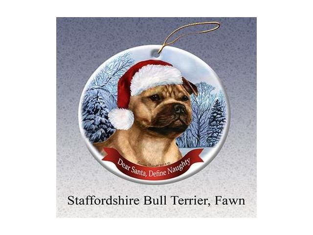 Holiday Pet Gifts Staffordshire (Fawn) Santa Hat Dog Porcelain Christmas Tree Ornament