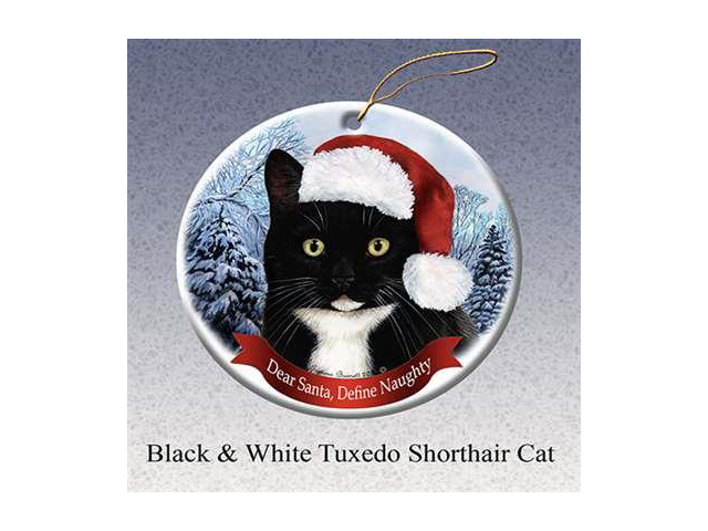 Holiday Pet Gift Tuxedo Shorthair Cat Santa Porcelain Christmas Tree Ornament