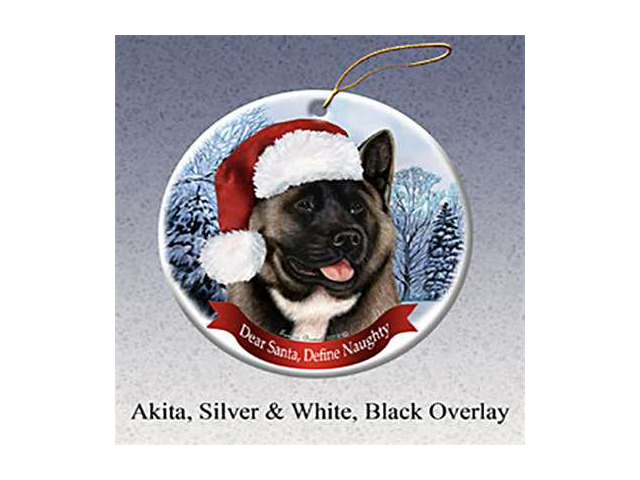 Holiday Pet Gifts Akita (Silver & Red) Santa Hat Dog Porcelain Christmas Tree Ornament