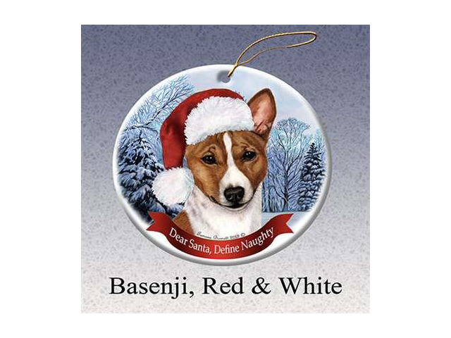 Holiday Pet Gifts Basenji (Red & White) Santa Hat Dog Porcelain Christmas Tree Ornament