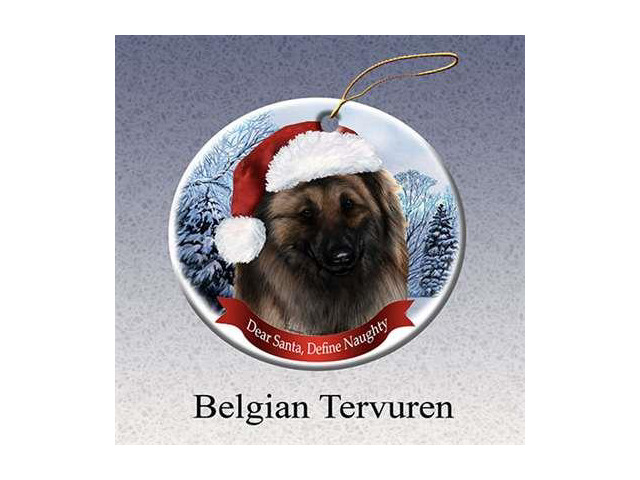 Holiday Pet Gifts Belgian Tervuren Santa Hat Dog Porcelain Christmas Tree Ornament