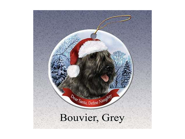 Holiday Pet Gifts Bouvier Grey Santa Hat Dog Porcelain Christmas Tree Ornament