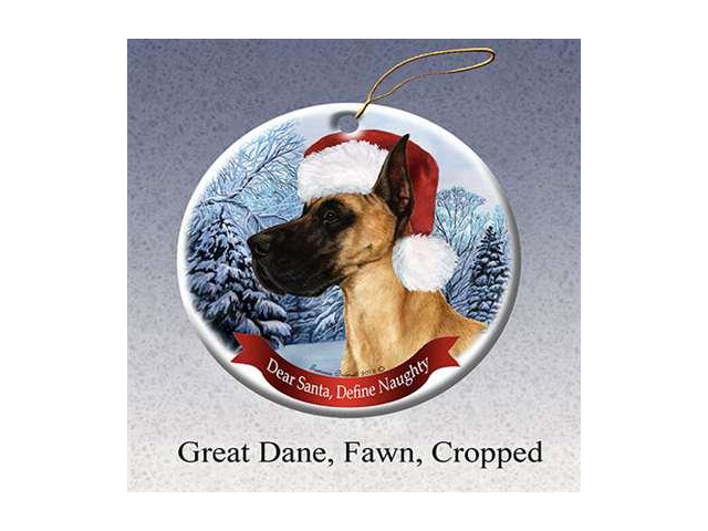 Holiday Pet Gifts Great Dane (Cropped) Fawn Santa Hat Dog Porcelain Christmas Tree Ornament
