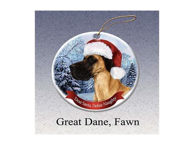 Holiday Pet Gifts Great Dane (Uncropped) Fawn Santa Hat Dog Porcelain Christmas Tree Ornament