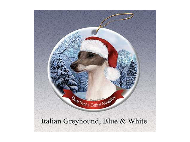 Holiday Pet Gifts Italian Greyhound, Blue and White Santa Hat Dog Porcelain Christmas Tree Ornament