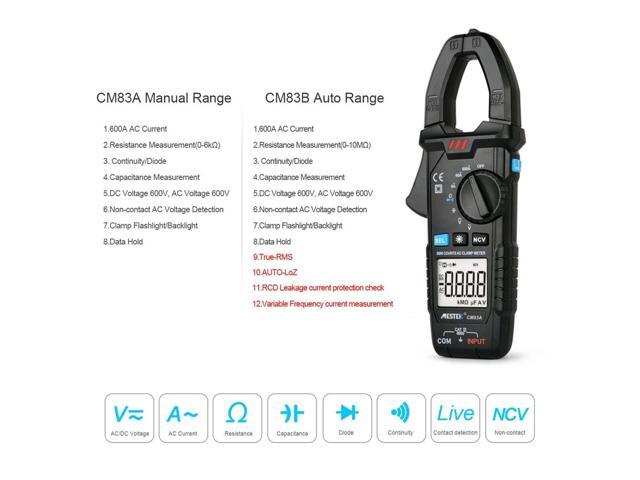 MESTEK CM83B Digital Clamp Meter 600A AC Current AC/DC Voltage Ohm True RMS Auto Range VFD Capacitance NCV Tester Ammeter Multimeter