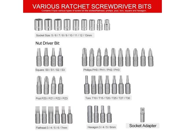 65PCS Ratchet Nut Driver and Screwdriver Kit Low-magnetic Screw Driver Bit and 1/4-Inch Drive Socket Set with 51-Piece...