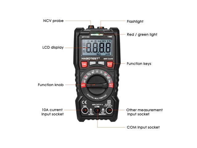 HABOTEST HT113C NCV Digital Multimeter Auto Range True RMS 6000 Counts AC/DC Voltage Meter Flash light Backlight Large Screen