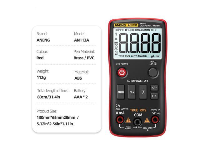 ANENG AN113A Digital Multimeter True RMS with Temperature Tester 4000 Counts Auto-Ranging AC/DC Transistor Voltage Meter - Red