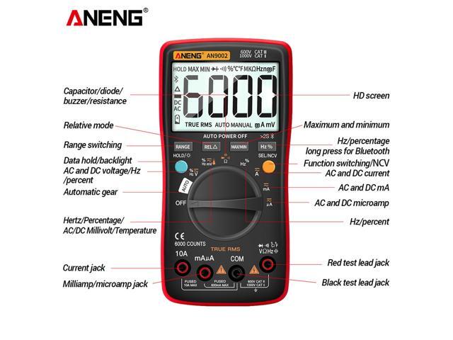 ANENG AN9002 Bluetooth Digital Multimeter 6000 Counts Professional MultimetroTrue RMS AC/DC Current Voltage Tester Auto-Range & Packing Box - Black