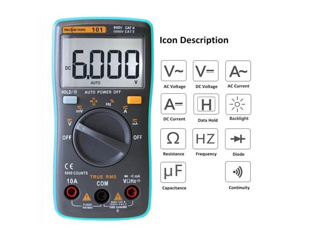 RICHMETERS RM101 True RMS Multifunctional LCD Digital Multimeter DMM DC AC Voltage Current Meter Resistance Diode Capacitance Tester
