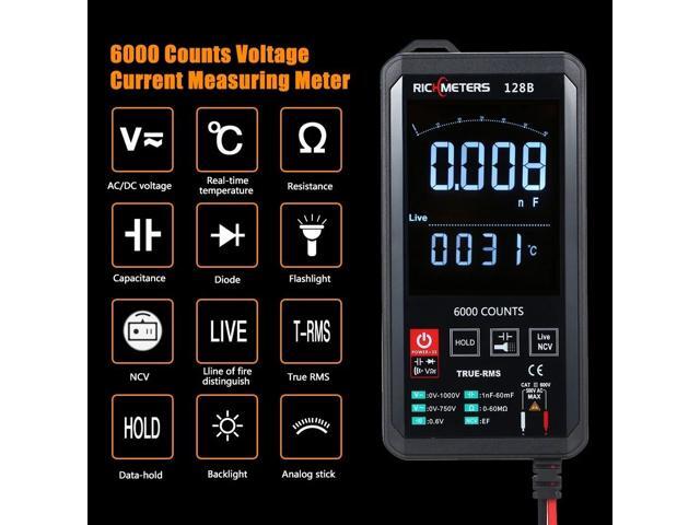 RICHMETERS 128B Digital Multimeter 6000 Counts True-RMS Auto Ranging AC/DC Voltage Temperature Measuring Meter Flash Light Backlight Large Screen