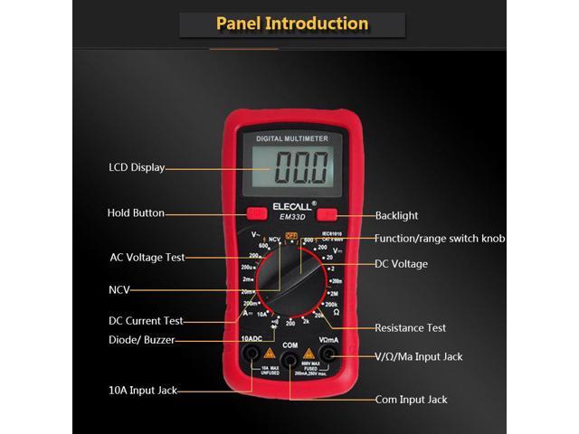 ELECALL 3 1/2 Multimeter EM33D AC/DC 600V 1999 Counts Backlight Data Hold NCV Voltage Detection Overload Protection
