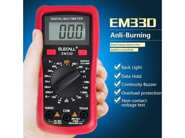 ELECALL 3 1/2 Multimeter EM33D AC/DC 600V 1999 Counts Backlight Data Hold NCV Voltage Detection Overload Protection